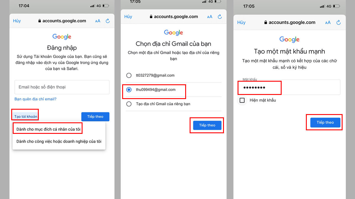 Màn hình điện thoại hiển thị các bước tạo Gmail không cần xác minh số điện thoại trên ứng dụng Email