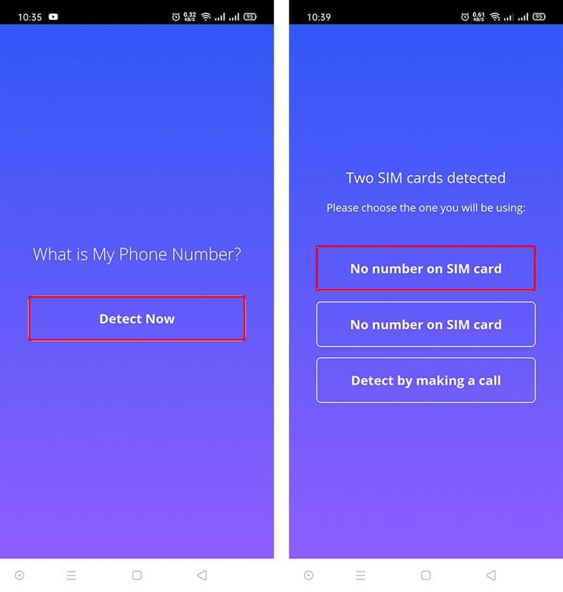 Màn hình ứng dụng My Number khi người dùng nhấn Detect Now và chọn No number on SIM card để kiểm tra số điện thoại Mobifone