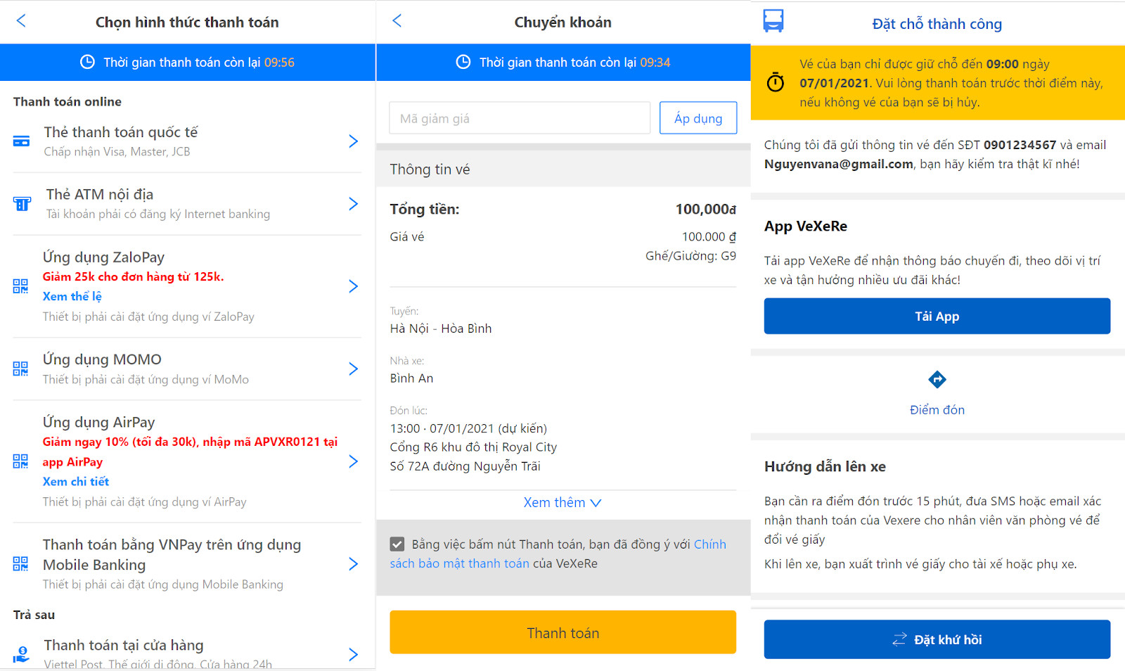 màn hình xác nhận thanh toán thành công chuyến xe Bình An