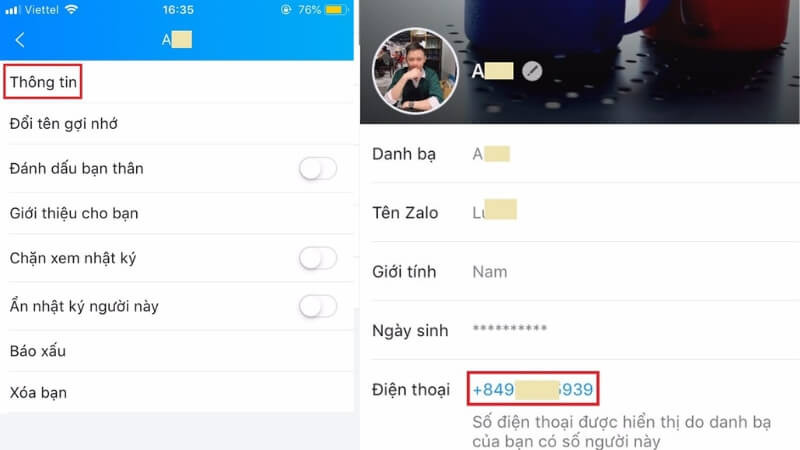 Mục thông tin hiển thị số điện thoại trên Zalo