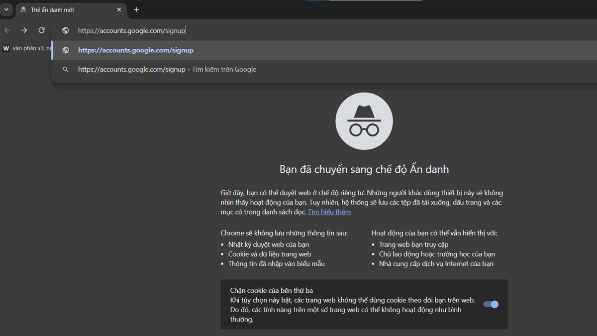 Trình duyệt Google Chrome ở chế độ ẩn danh, chuẩn bị các bước tạo tài khoản Gmail mới