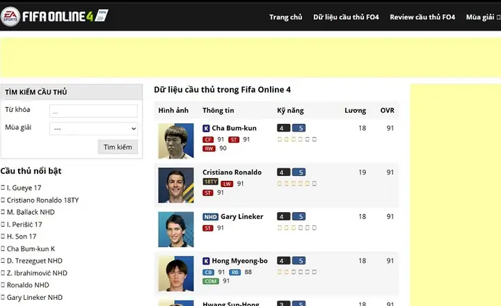 Tra Cứu Dữ Liệu Cầu Thủ Fifa Online 4
