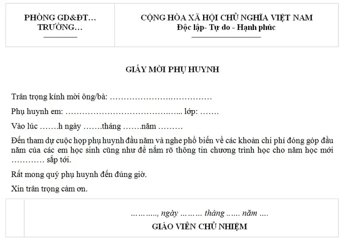 Mẫu Giấy Mời Họp Phụ Huynh Đầu Năm Học 2024 2025? Tải File Word Mẫu Giấy Mời Họp Phụ Huynh Năm Học 2024 2025 Ở Đâu?