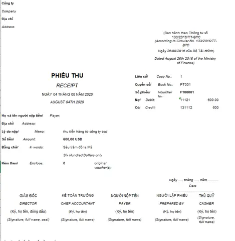 Mẫu Phiếu Thu Theo Tt 133 ( Song Ngữ - Ngoại Tệ)